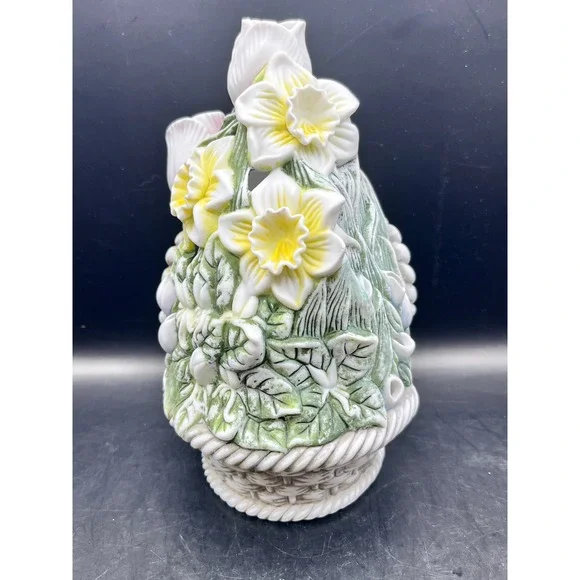 Vtg Partylite Ceramic Flower Basket Candle Holder Spring‎ Tulips Daffodils 8" - Picture 2 of 6